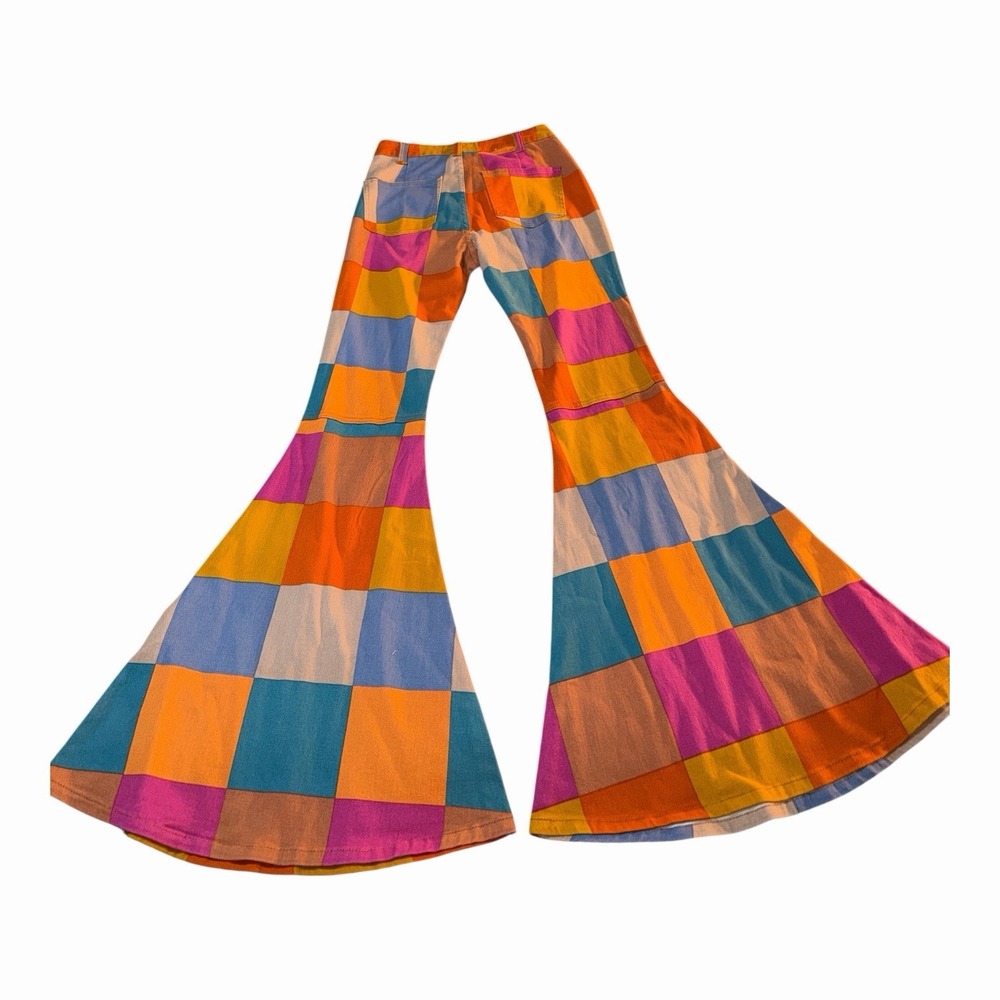 Peach Love Patchwork Bell Bottom Pants S Multi Color Flare 70s Inspired Boho - Picture 9 of 10
